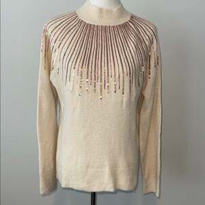143 Story Chic Cream Sweater Gold  Pink Sequin Design Women's Small